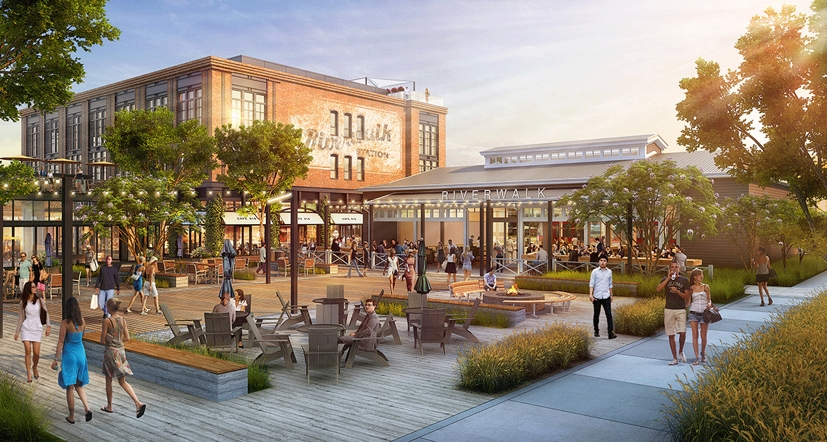 2023 09 10 Riverwalk Rendering Exterior Trolley Station and Town Square new hres